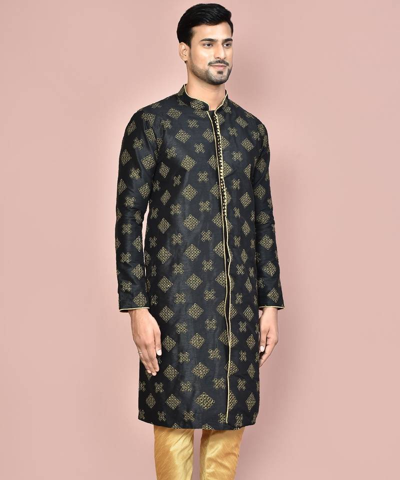 Navy blue dupion art silk kurta with  open sherwani style and full inside cotton linen