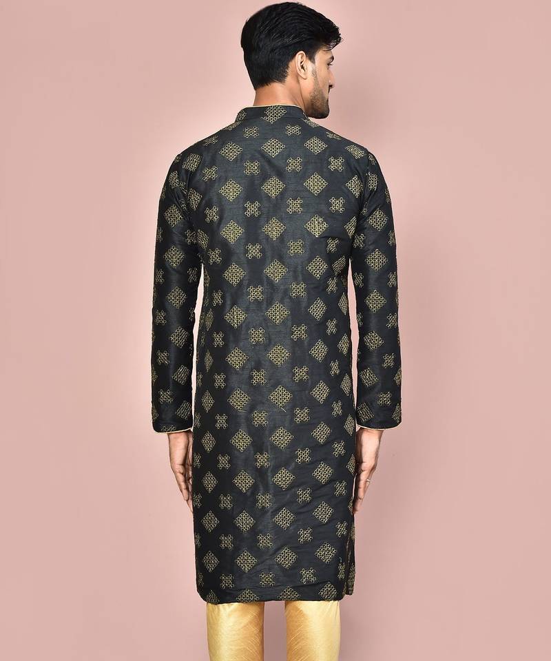 Navy blue dupion art silk kurta with  open sherwani style and full inside cotton linen