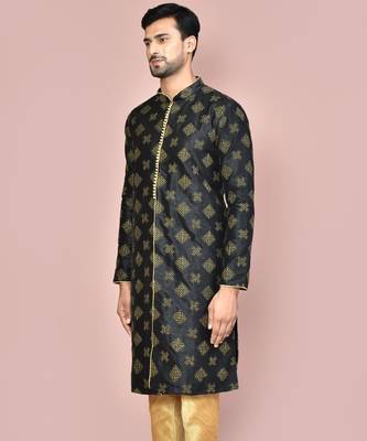 Navy blue dupion art silk kurta with  open sherwani style and full inside cotton linen 4