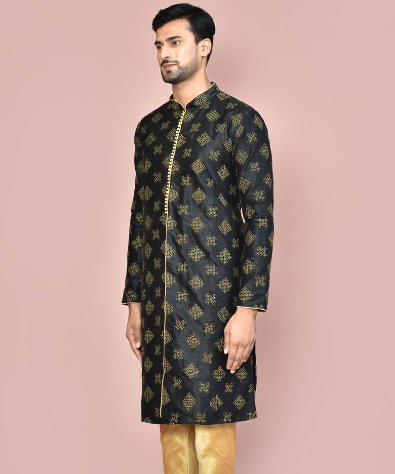 Navy blue dupion art silk kurta with  open sherwani style and full inside cotton linen