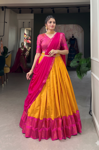 Graceful Yellow Rani Pink Contrast Silk Ethnic Lehenga Ensemble
