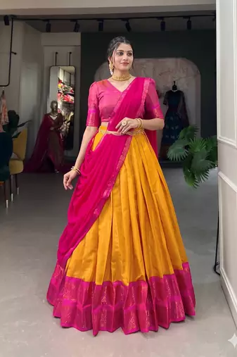 Graceful Yellow Rani Pink Contrast Silk Ethnic Lehenga Ensemble