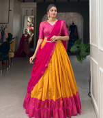 Graceful Yellow  Rani Pink Contrast Silk Ethnic Lehenga Ensemble
