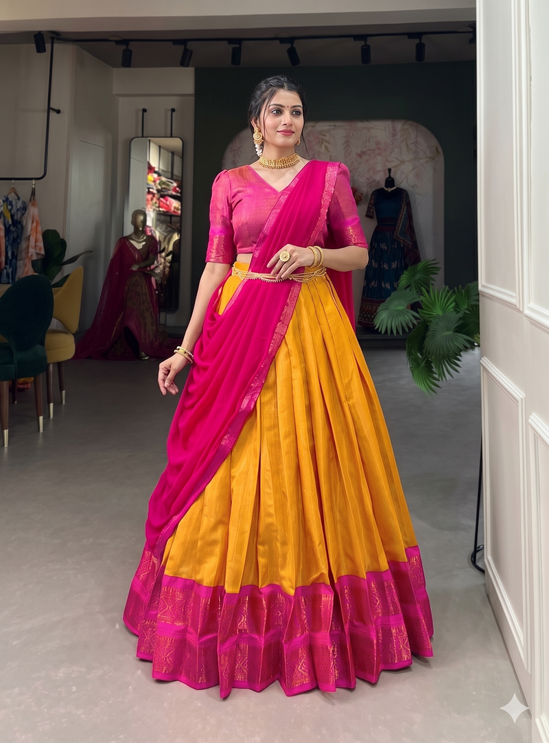 Graceful Yellow  Rani Pink Contrast Silk Ethnic Lehenga Ensemble