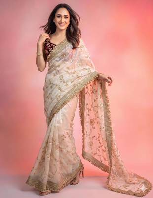 Cream satin embroidered saree with sequins work 1