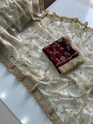 Cream satin embroidered saree with sequins work 2