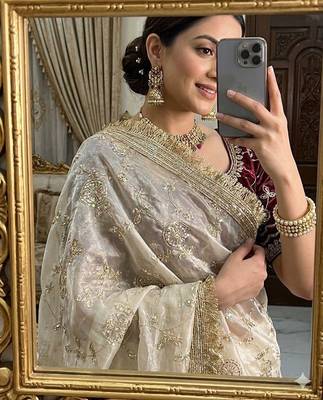 Cream satin embroidered saree with sequins work 3