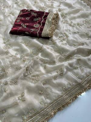 Cream satin embroidered saree with sequins work 4