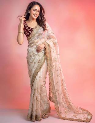 Cream satin embroidered saree with sequins work 5