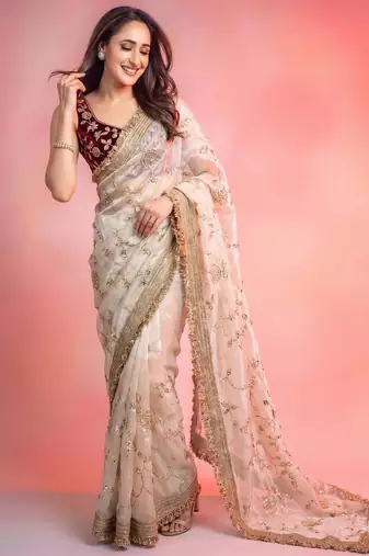 Cream satin embroidered saree with sequins work
