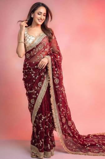Maroon satin embroidered saree with sequins work