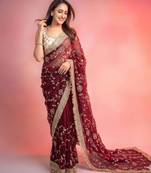 Maroon satin embroidered saree with sequins work