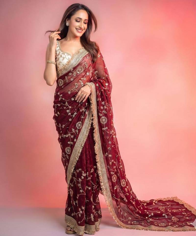 Maroon satin embroidered saree with sequins work