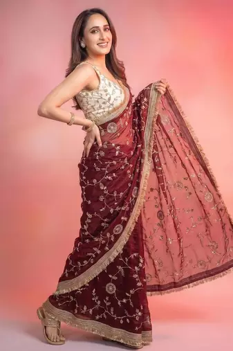 Maroon satin embroidered saree with sequins work