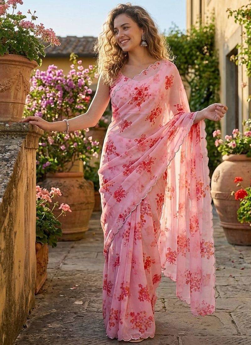 Pink georgette printed saree with floral print