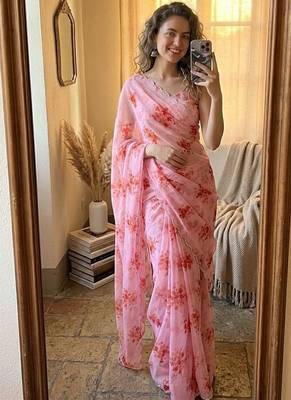 Pink georgette printed saree with floral print 2