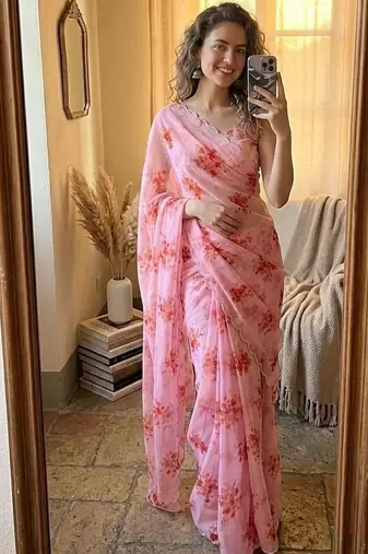 Pink georgette printed saree with floral print