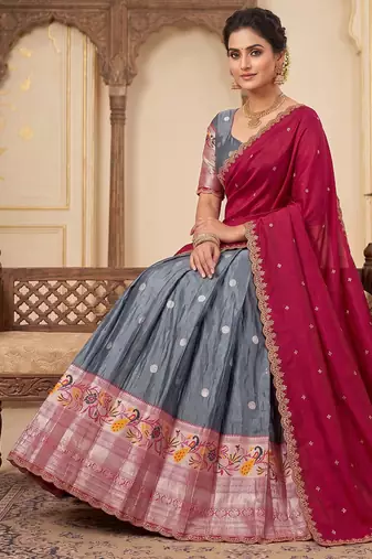 Graceful Grey Ethnic Set Paired with Magenta Pink Scalloped Border Dupatta