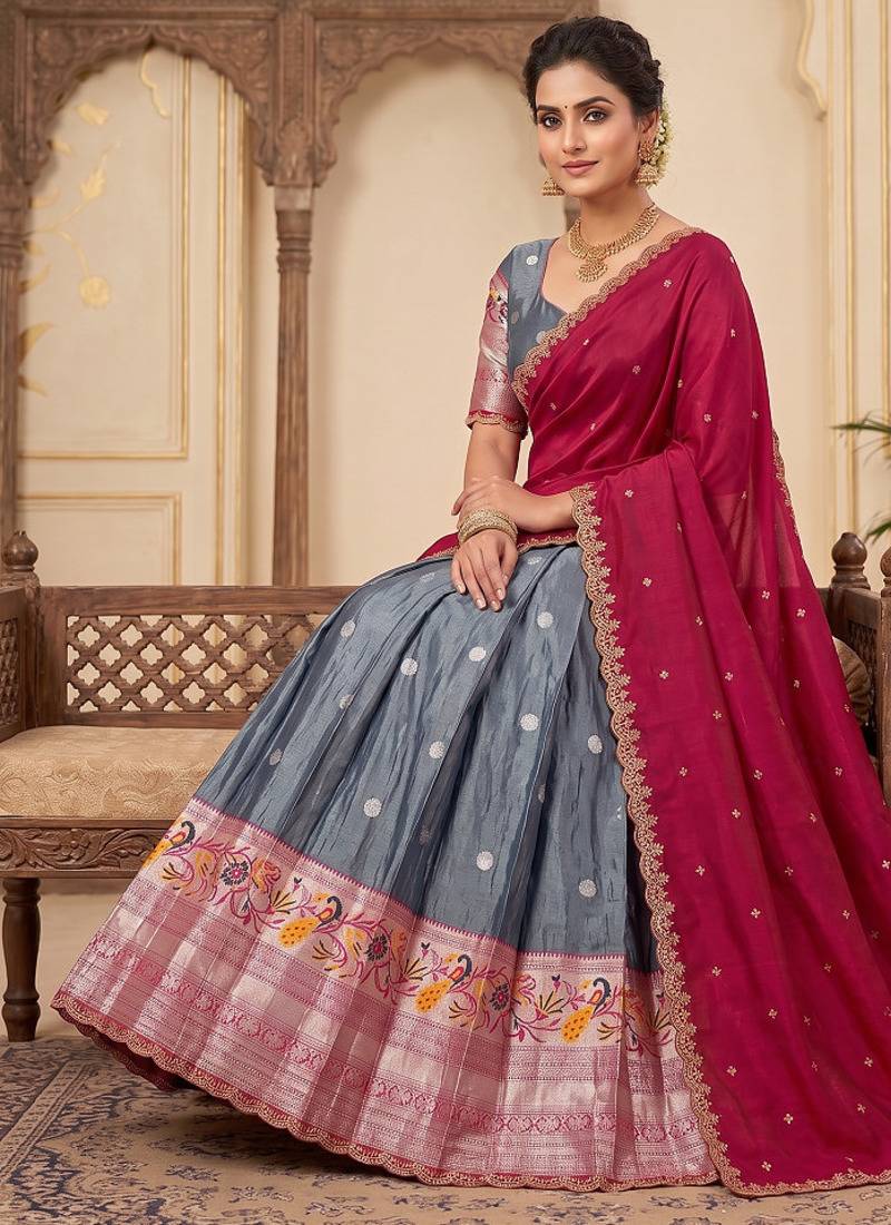 Graceful Grey Ethnic Set Paired with Magenta Pink Scalloped Border Dupatta