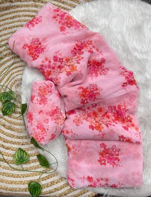 Pink georgette printed saree with floral print 4