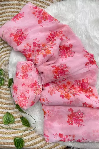 Pink georgette printed saree with floral print