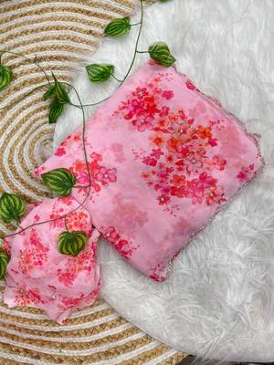 Pink georgette printed saree with floral print 5