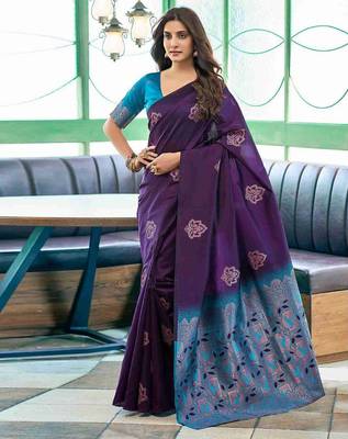 Purple art silk woven saree with zari work 1