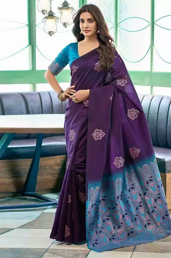 Purple art silk woven saree with zari work