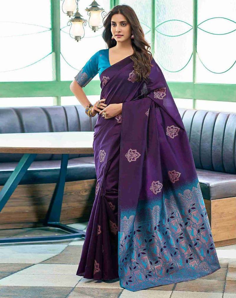 Purple art silk woven saree with zari work
