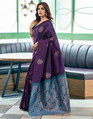 Purple art silk woven saree with zari work 2