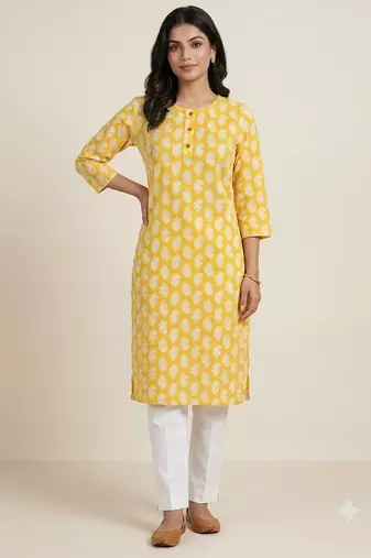 Yellow printed cotton kurti