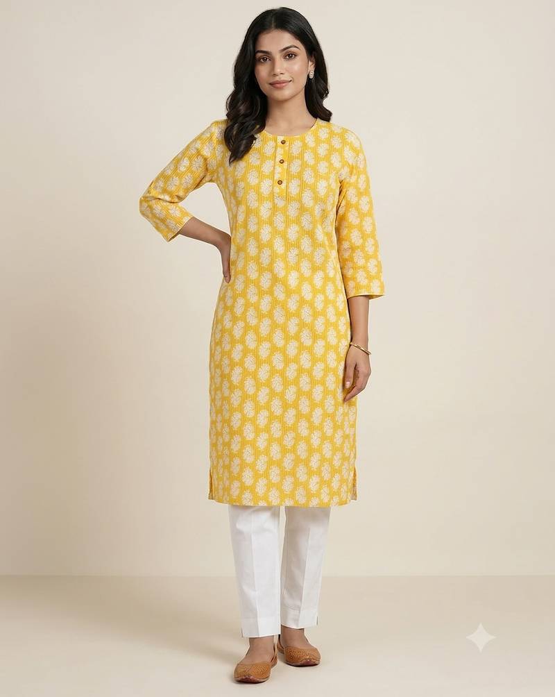 Yellow printed cotton kurti