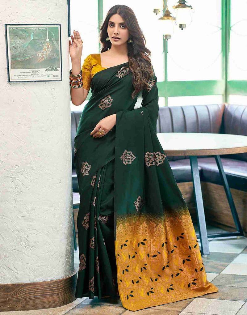 Green art silk woven saree with zari work