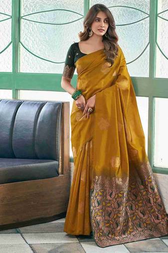 Mustard art silk woven saree with zari work