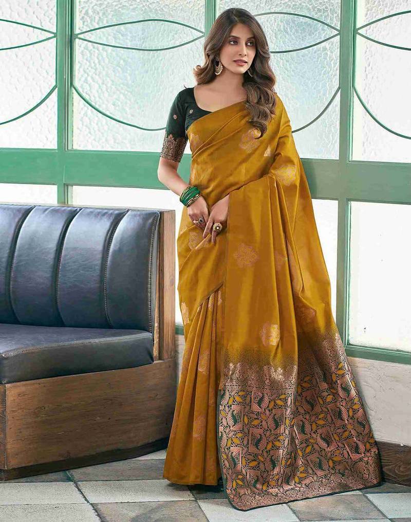 Mustard art silk woven saree with zari work