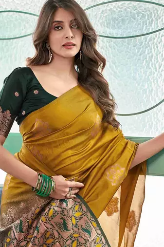Mustard art silk woven saree with zari work