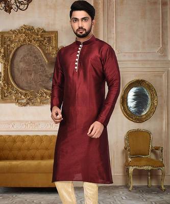 red dupion art silk  kurta with pattern work and 8 button 1