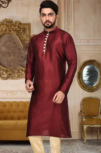 red dupion art silk  kurta with pattern work and 8 button