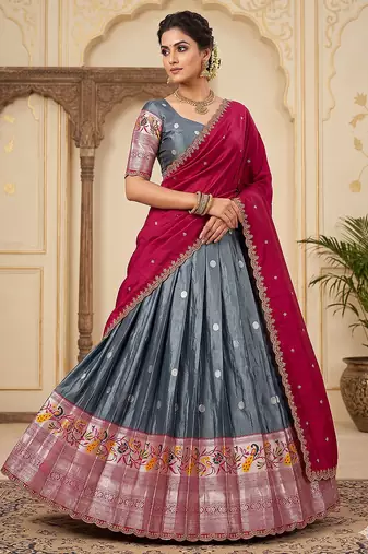 Graceful Grey Ethnic Set Paired with Magenta Pink Scalloped Border Dupatta