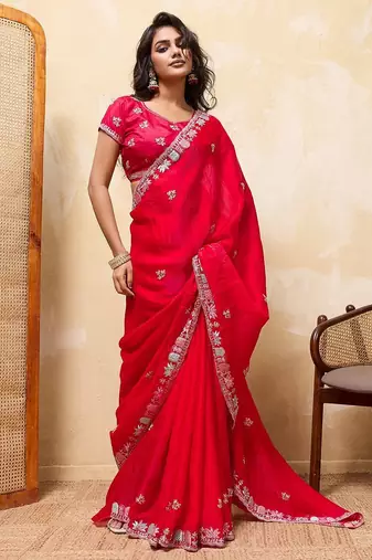 Pink satin embroidered saree with thread work