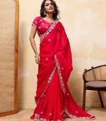 Pink satin embroidered saree with thread work