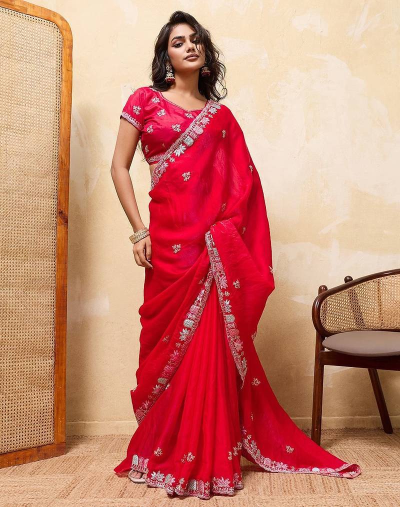 Pink satin embroidered saree with thread work