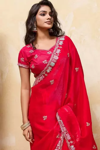 Pink satin embroidered saree with thread work