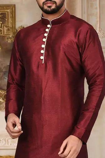 red dupion art silk  kurta with pattern work and 8 button