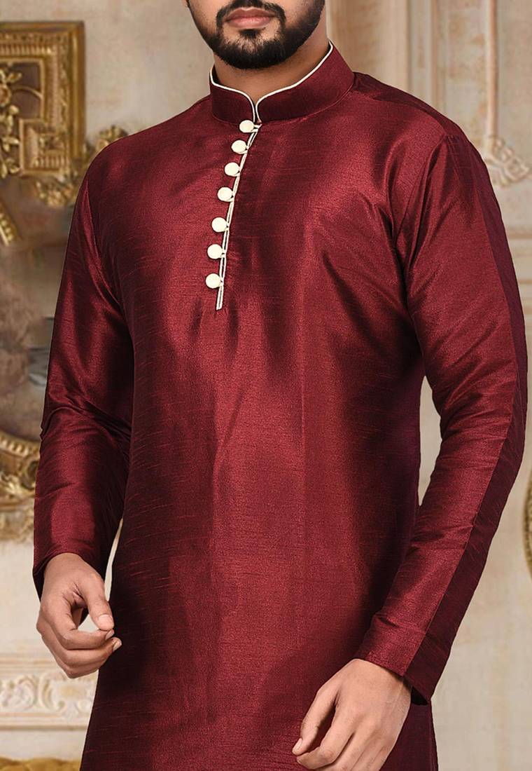 red dupion art silk  kurta with pattern work and 8 button
