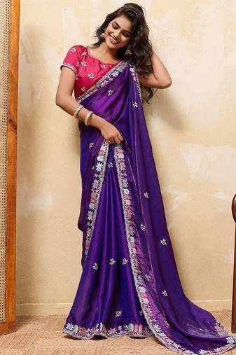 Purple satin embroidered saree with thread work