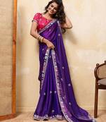 Purple satin embroidered saree with thread work