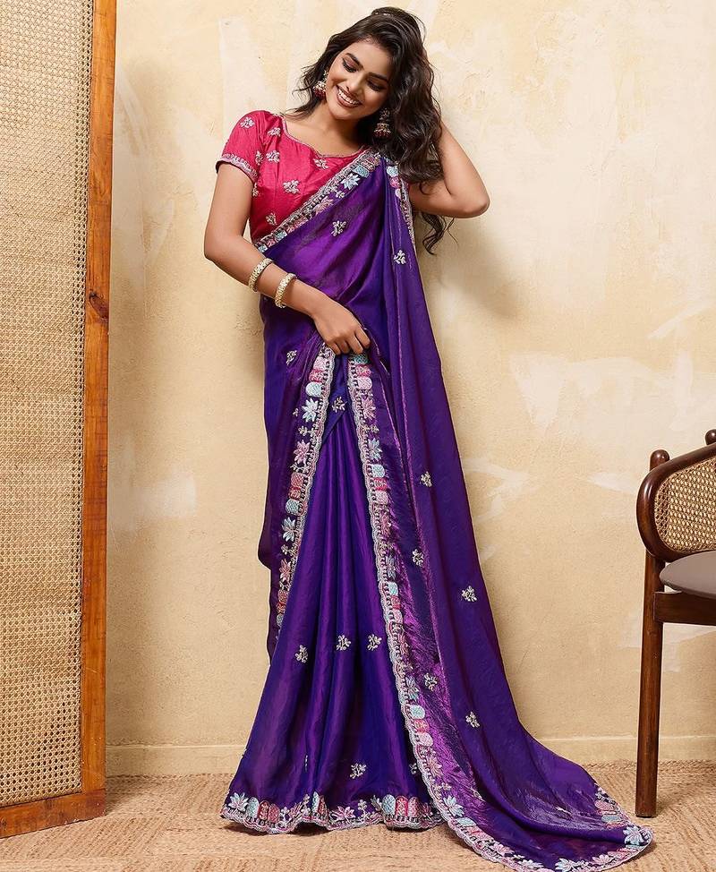 Purple satin embroidered saree with thread work