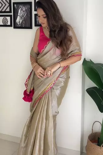 Beige tissue embroidered saree with sequins work