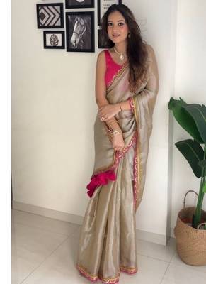 Beige tissue embroidered saree with sequins work 2